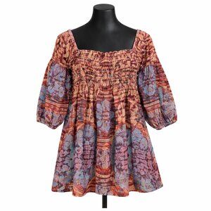 Free People Clara Corduroy Mini Dress XS Red Blue Floral Smocked Babydoll